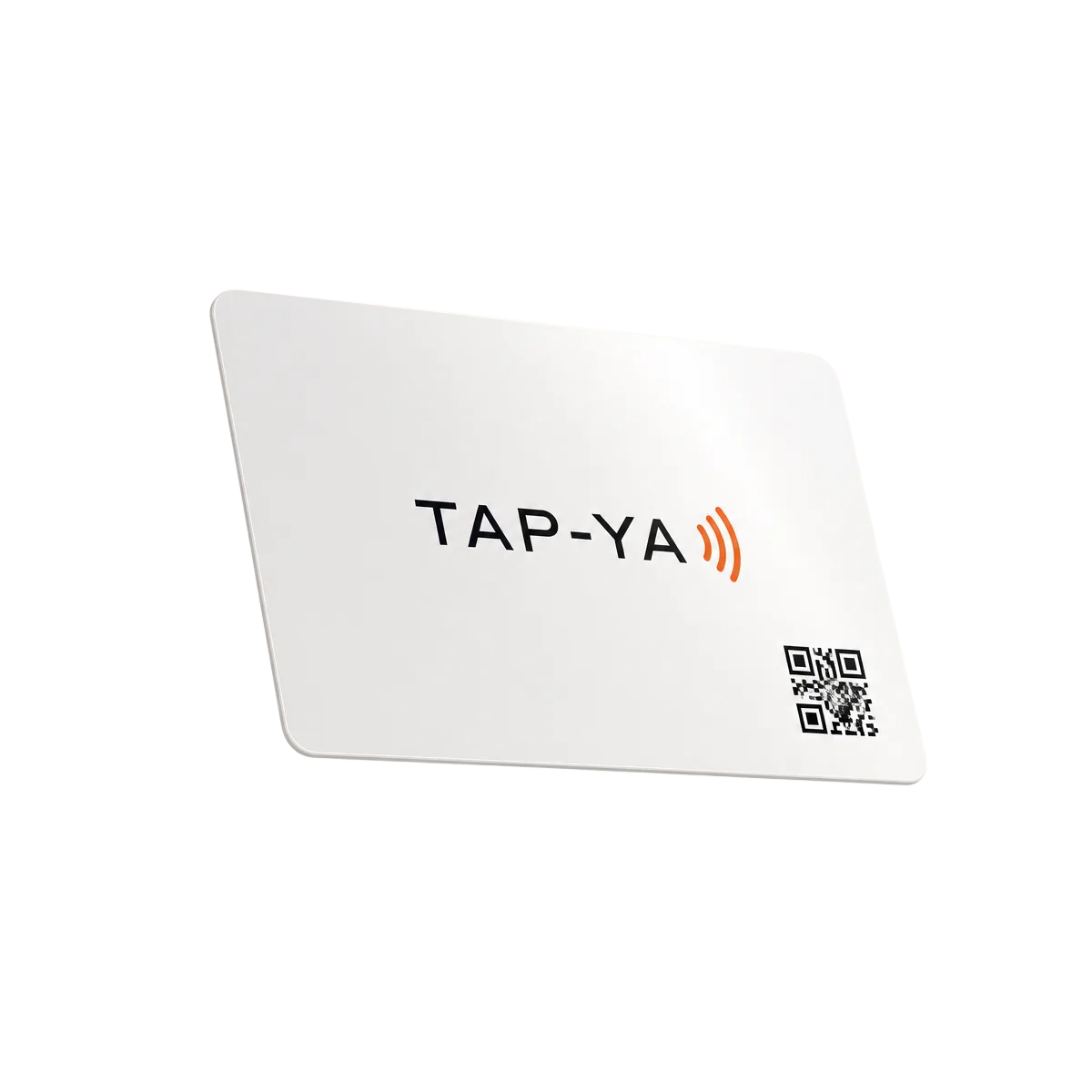 Tarjeta Tap-Ya de PVC blanco mate con logo, ondas NFC en naranja y código QR impreso